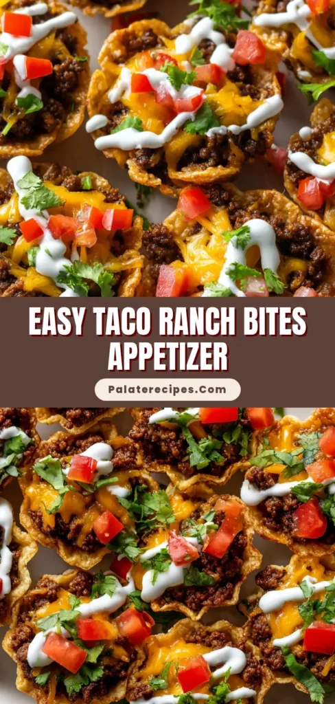 An overhead shot of several Taco Ranch Bites on a white surface. The crispy tortilla cups are filled with ground beef, melted cheese, and garnished with ranch, tomatoes, and cilantro.