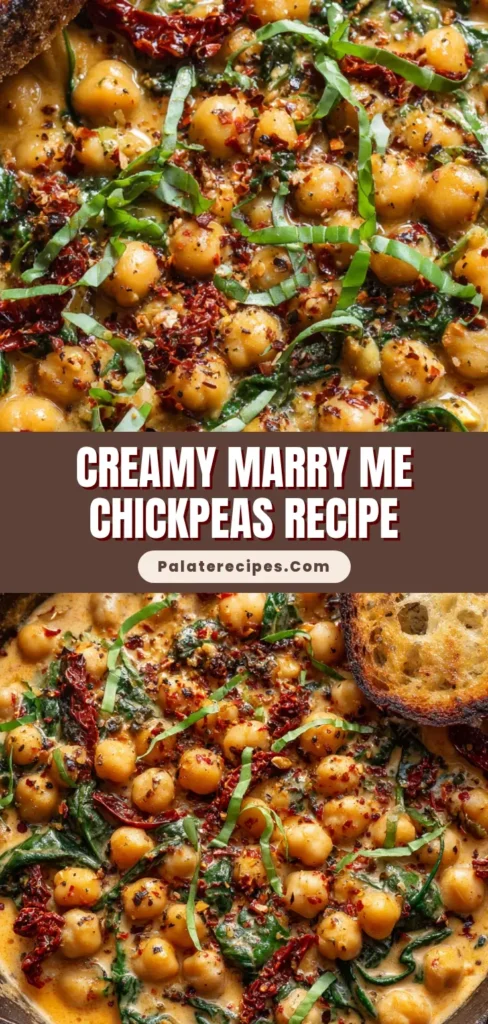 A close-up overhead shot of Marry Me Creamy Chickpeas in a dark skillet. The dish features tender chickpeas in a rich, orange-tinted cream sauce with wilted spinach and sun-dried tomatoes, garnished with fresh basil.