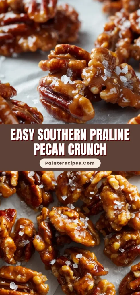 Clusters of toasted pecan halves coated in a glossy, hardened brown sugar caramel glaze with sea salt. (Praline Crunch Recipe)