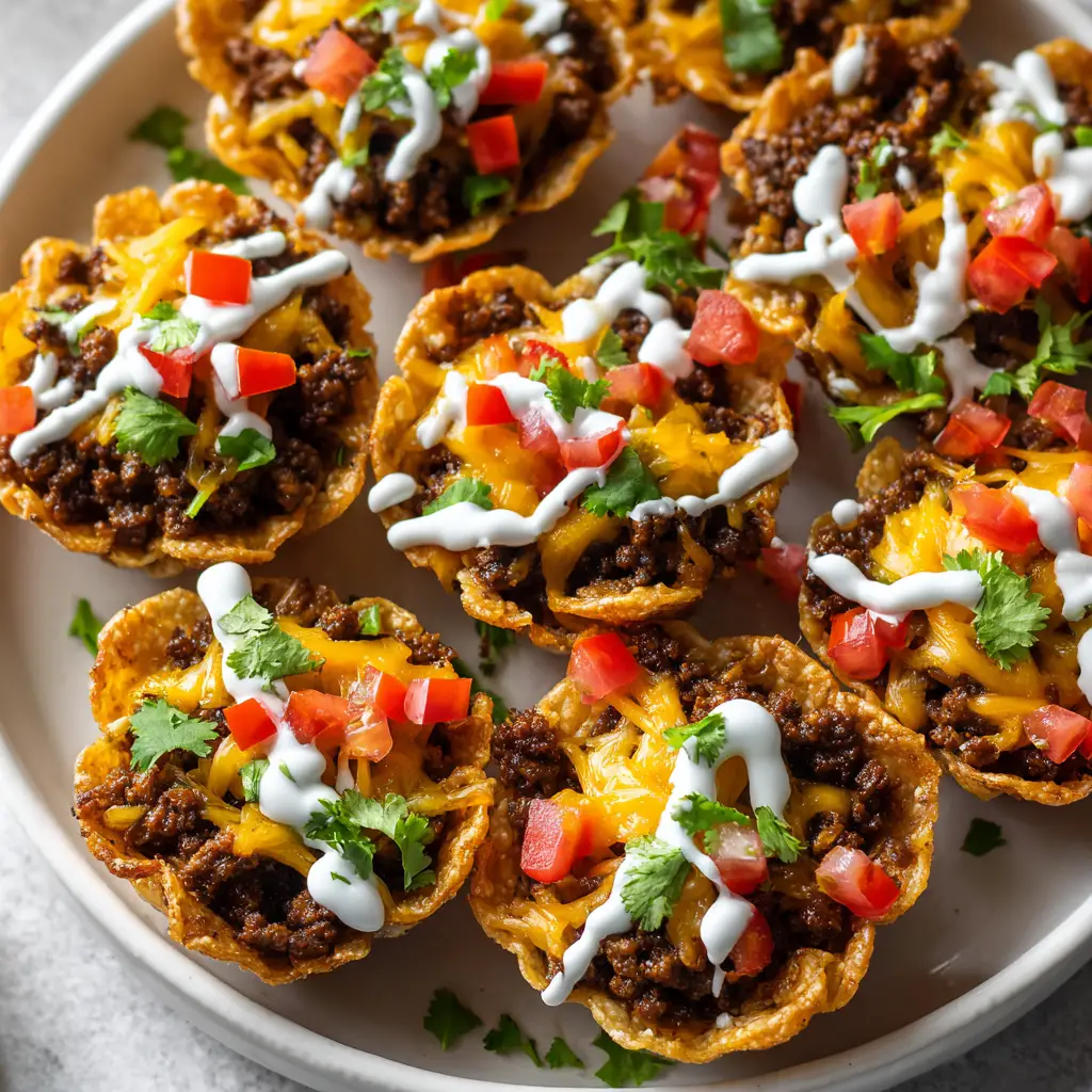 A tight arrangement of finished Taco Ranch Bites on a sleek white platter, showing the detail of the fresh cilantro and diced tomato garnish.