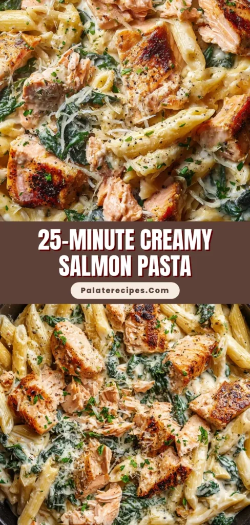 A shareable pin image for a Creamy Salmon Spinach Pasta recipe, showing the final dish in a rustic skillet.