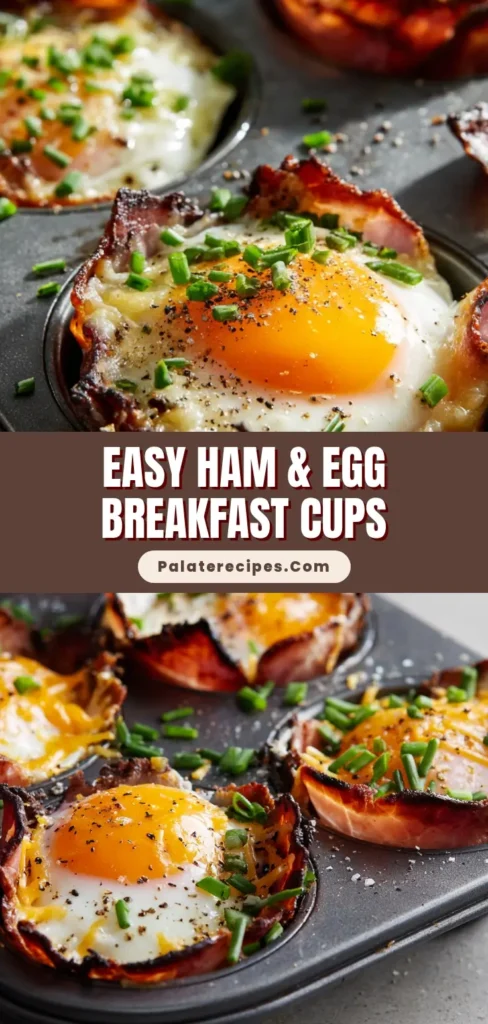 Perfect Ham and Egg Cups: The Ultimate Crispy & Cheesy Breakfast 5 A close-up shot of perfectly baked Ham and Egg Cups in a dark muffin tin, garnished with fresh chives.