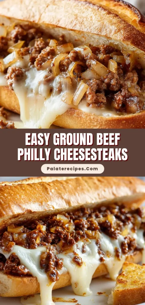 A finished Ground Beef Philly Cheesesteak on a white plate. The toasted hoagie roll is overflowing with crumbled ground beef, caramelized onions, and gooey, melted provolone cheese dripping down the side.