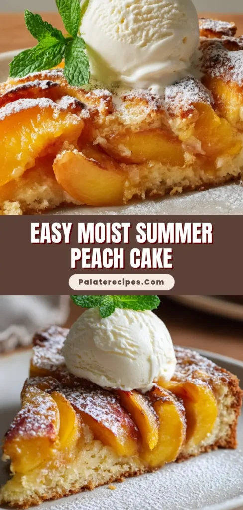 A perfect slice of rustic peach cake on a white plate, served with a melting scoop of vanilla ice cream and a fresh mint garnish. (Peach Cake Recipe)