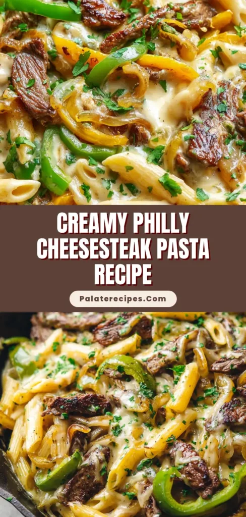 A close-up shot of a rustic skillet filled with creamy Philly Cheesesteak Pasta, with seared steak, peppers, and onions in a glossy cheese sauce.