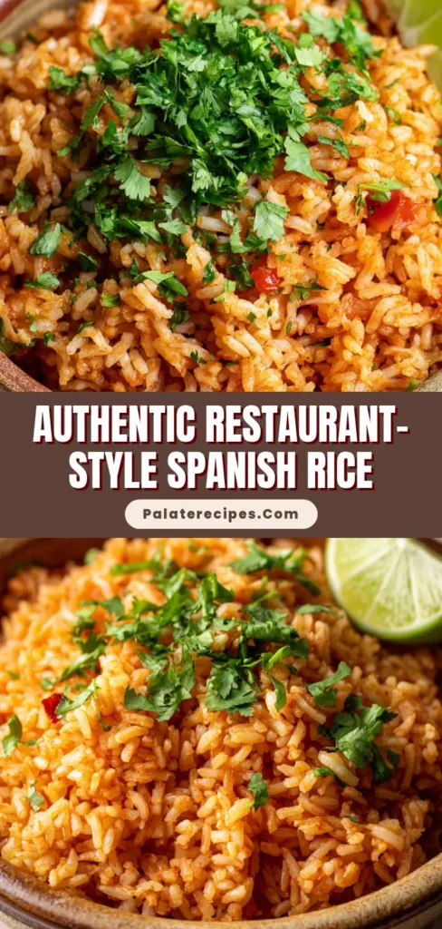 A rustic ceramic bowl of Authentic Spanish Rice, garnished with fresh cilantro and a lime wedge. The rice is fluffy and reddish-orange.