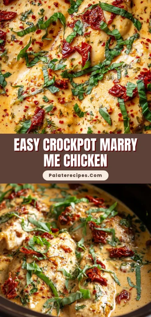 A top-down view of Crockpot Marry Me Chicken in a dark ceramic slow cooker insert. Tender chicken is coated in a creamy parmesan and sun-dried tomato sauce, garnished with fresh basil.