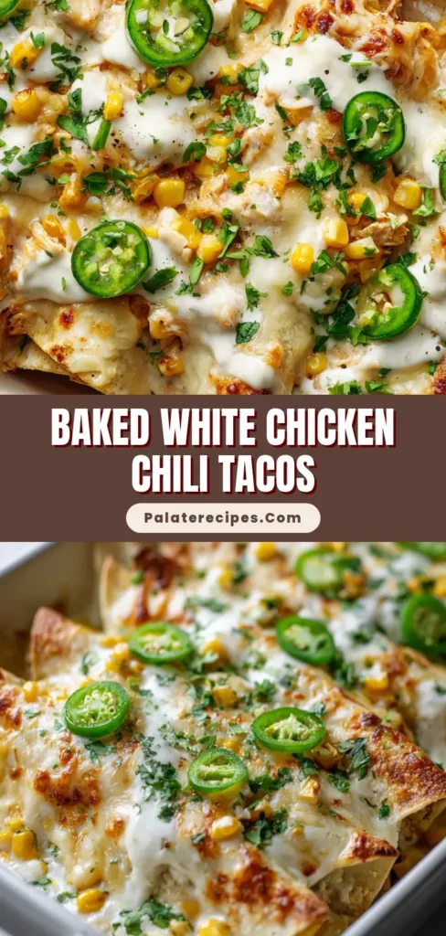 Close-up of baked White Chicken Chili Tacos in a white rectangular ceramic baking dish, smothered in white cream sauce, topped with bubbly Monterey Jack cheese, fresh cilantro, and sliced jalapenos.