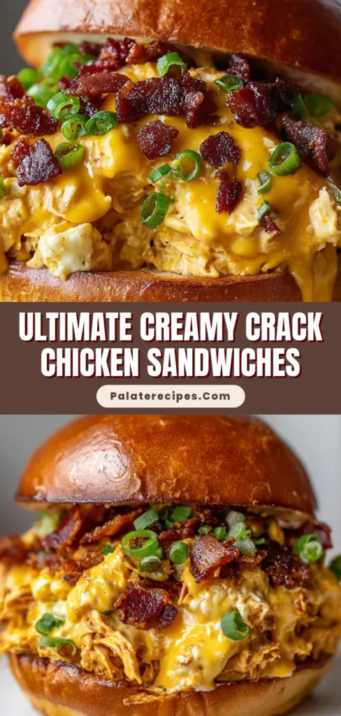 A close-up of a fully assembled Crack Chicken Sandwich on a brioche bun, overflowing with creamy chicken, cheese, bacon, and scallions. (Crack Chicken Sandwiches)