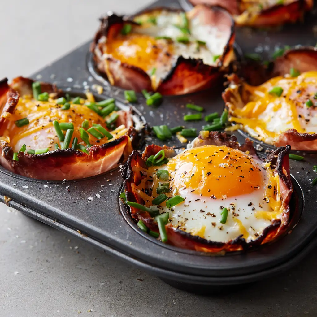 Perfect Ham and Egg Cups: The Ultimate Crispy & Cheesy Breakfast 3 A detailed view of baked Ham and Egg Cups showing the crispy ham edges, golden yolks, and melted cheddar cheese.