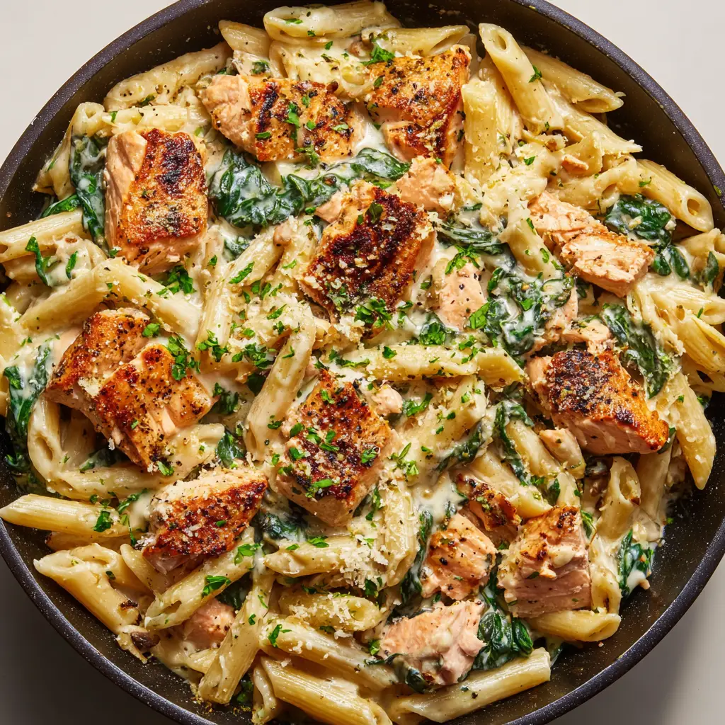 An overhead shot focusing on the texture of the Creamy Salmon Spinach Pasta, highlighting the golden-brown seared salmon and glossy garlic cream sauce.