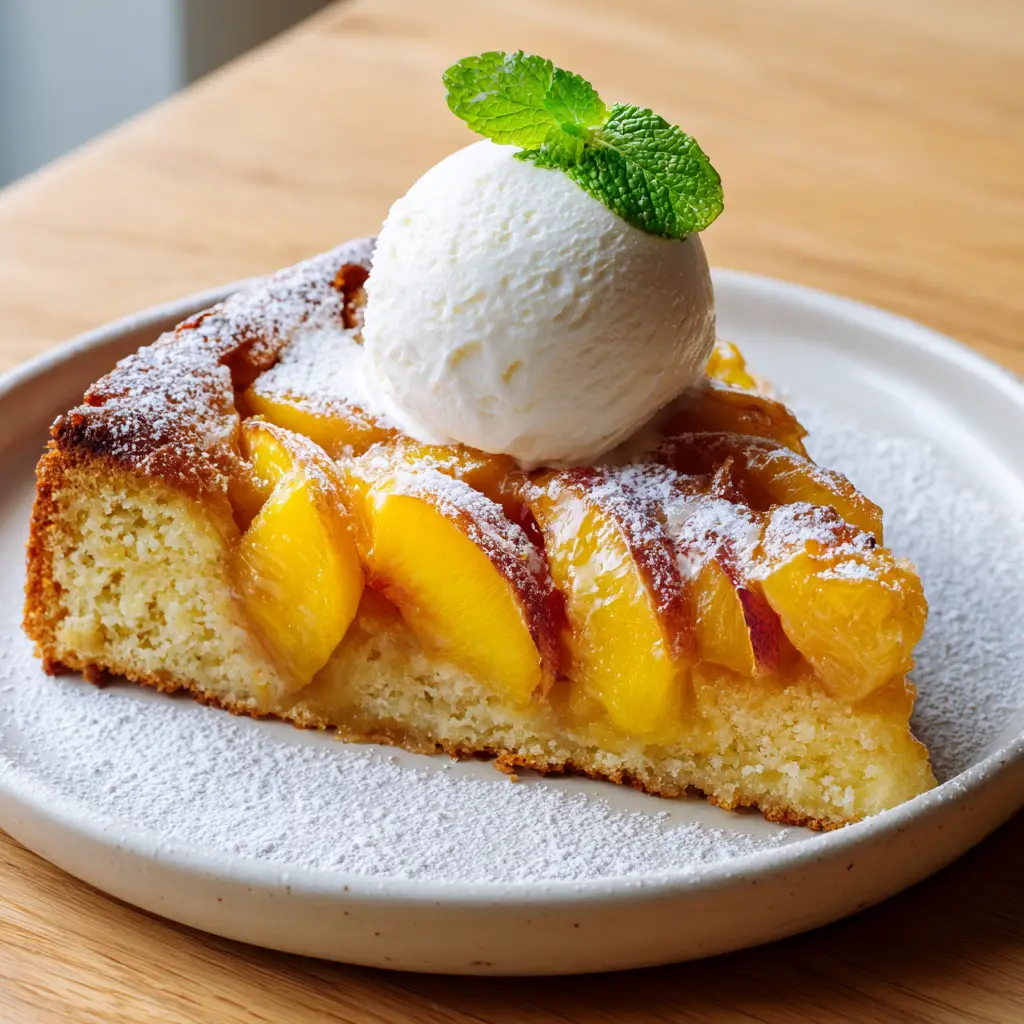 A detailed shot of the peach cake showing the caramelized glistening edges of the baked peaches and the moist crumb of the sponge cake.