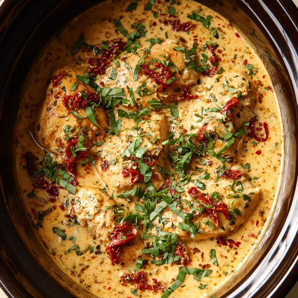 A detailed close-up of glistening, pull-apart tender chicken in the Marry Me Chicken sauce, with fresh green basil scattered on top.