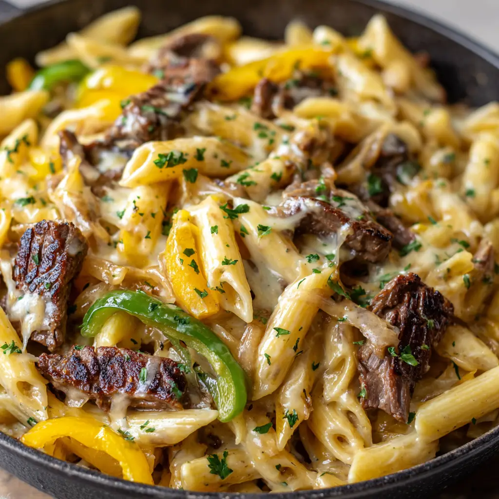 A serving of Philly Cheesesteak Pasta showing the browned seared steak strips, caramelized onions, and bright green bell peppers.