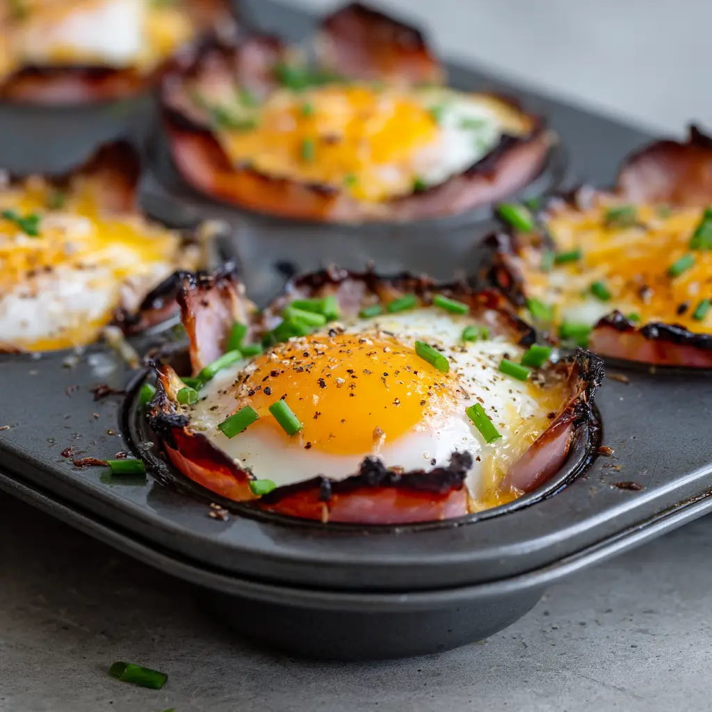 Perfect Ham and Egg Cups: The Ultimate Crispy & Cheesy Breakfast 2 A side angle of several Ham and Egg Cups in a muffin tin, highlighting the glossy yolks and fresh chive garnish.