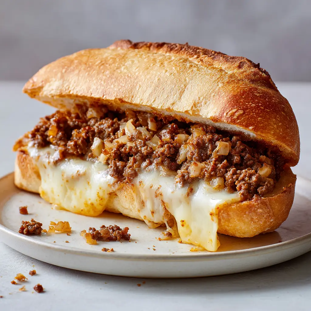 An overhead shot of the Ground Beef Philly Cheesesteak, highlighting the golden toasted hoagie roll and the abundant filling.