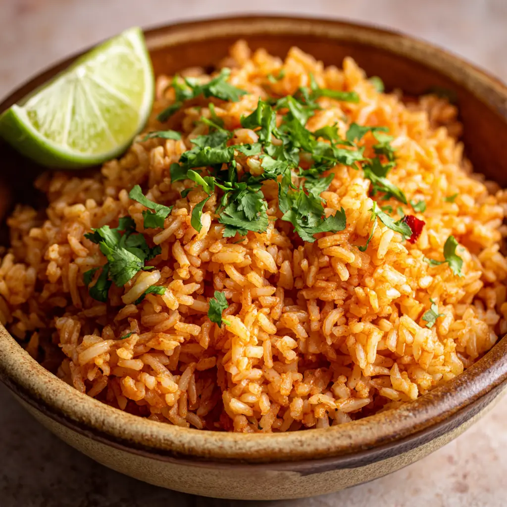 An overhead view of a serving of Authentic Spanish Rice, topped with a heavy garnish of chopped cilantro and a bright green lime wedge.