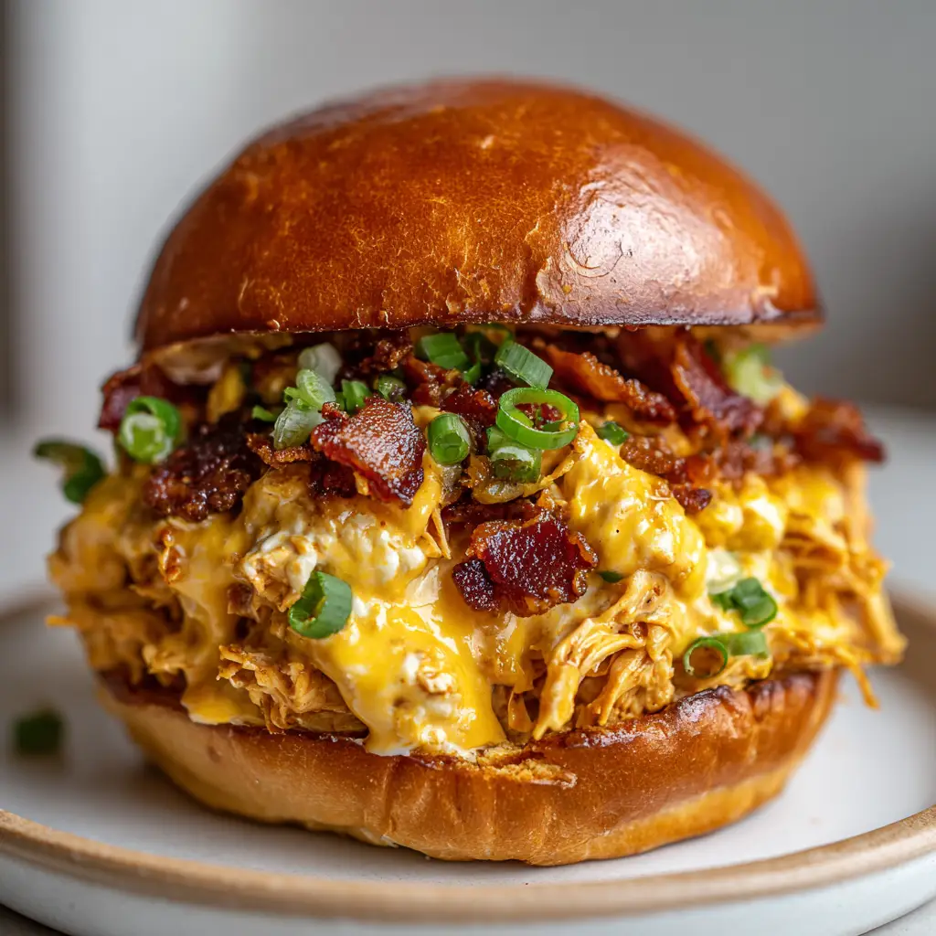 An overhead shot of a crack chicken sandwich, highlighting the crispy bacon bits and bright green scallions on top.