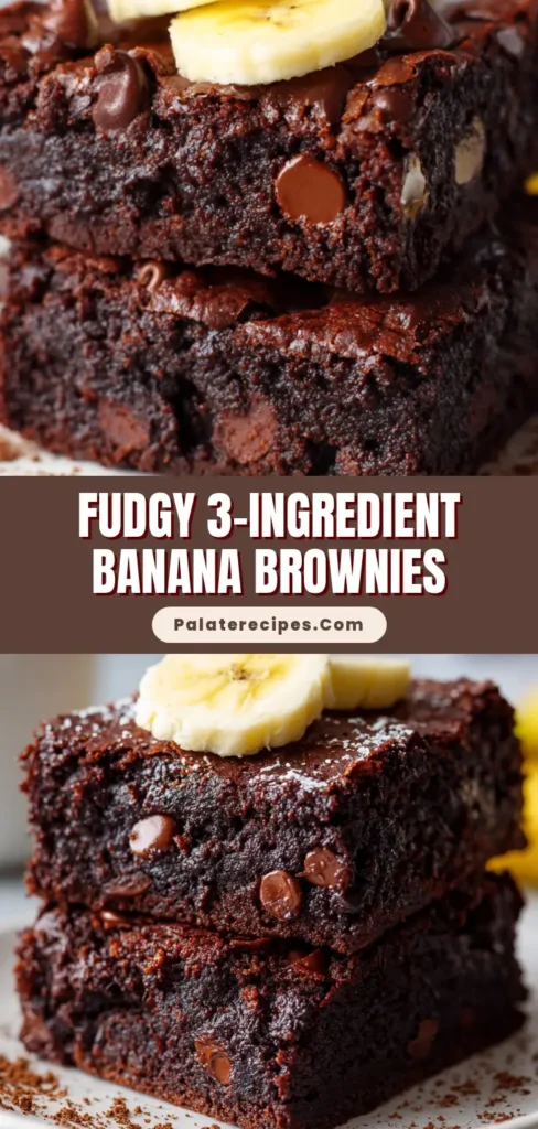 A stack of two dense, fudgy 3-Ingredient Banana Brownies on a white plate, topped with fresh banana slices and melted chocolate chips.