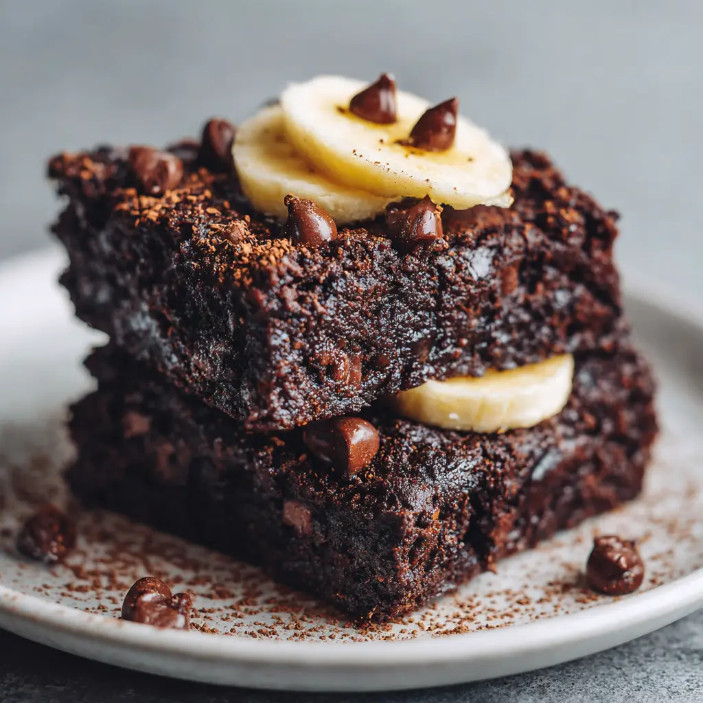 An overhead shot of stacked 3-Ingredient Banana Brownies on a white plate, garnished with fresh banana and cocoa powder crumbs.