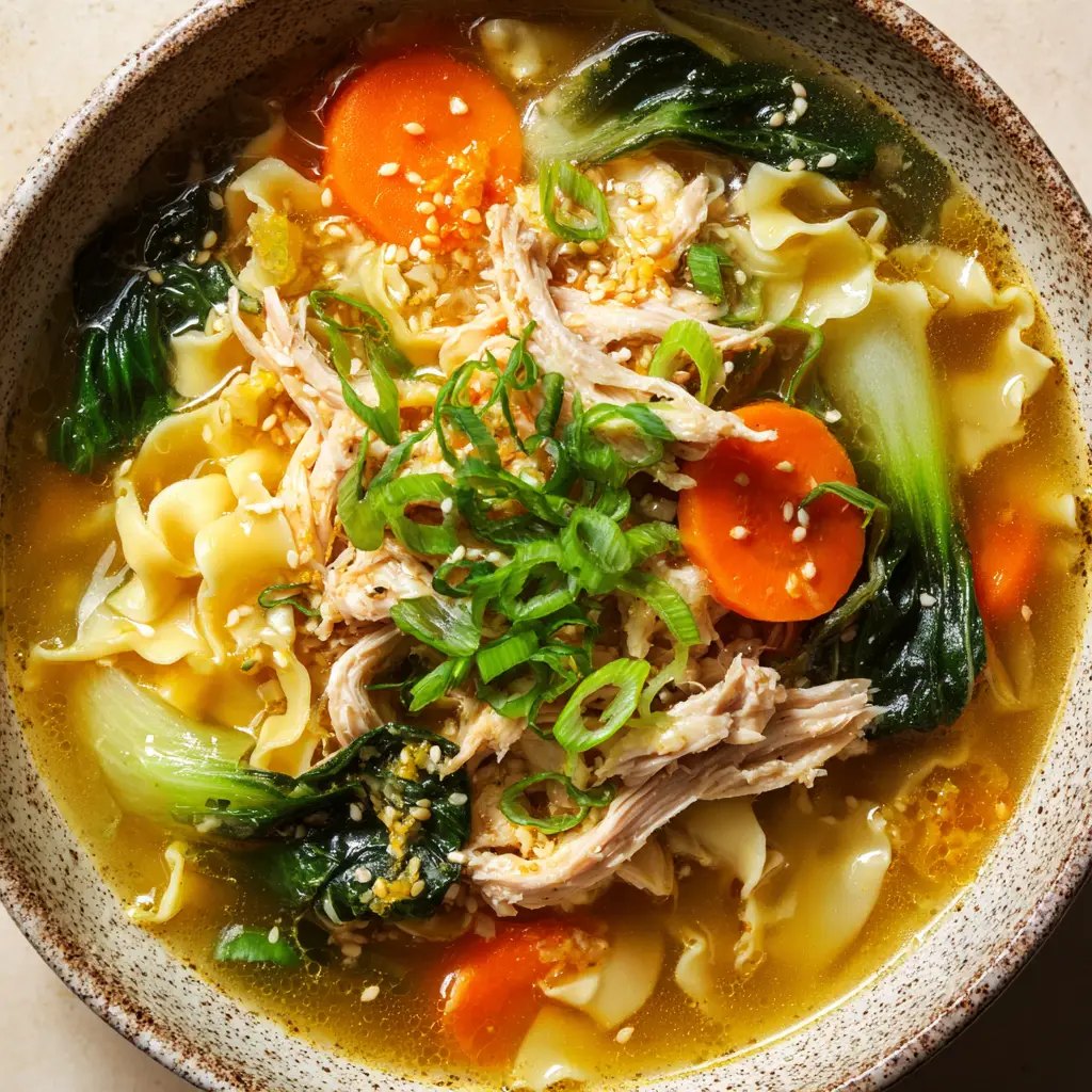 Ginger Garlic Chicken Noodle Soup garnished with fresh crisp green scallions, glistening oil droplets, and toasted white sesame seeds.
