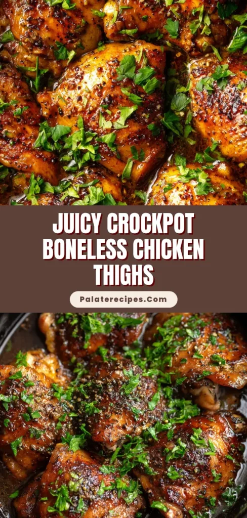 A close-up view of tender crock pot boneless chicken thighs in a glossy brown sauce, garnished with fresh parsley. The chicken is presented in a black ceramic slow cooker pot.