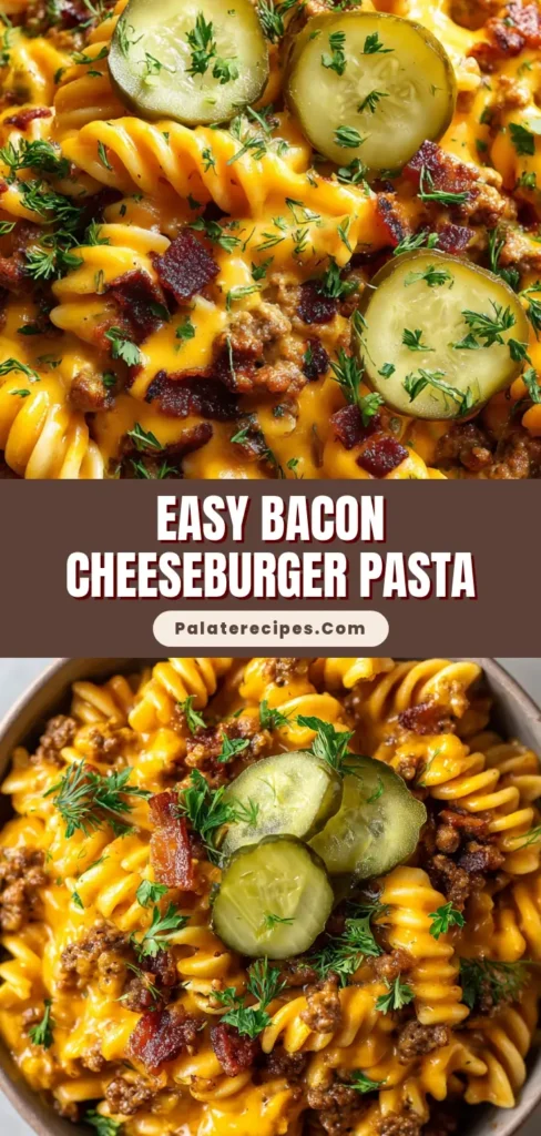 A top-down view of a bowl of creamy bacon cheeseburger pasta, garnished with pickles and parsley. The pin text describes an easy weeknight dinner recipe.