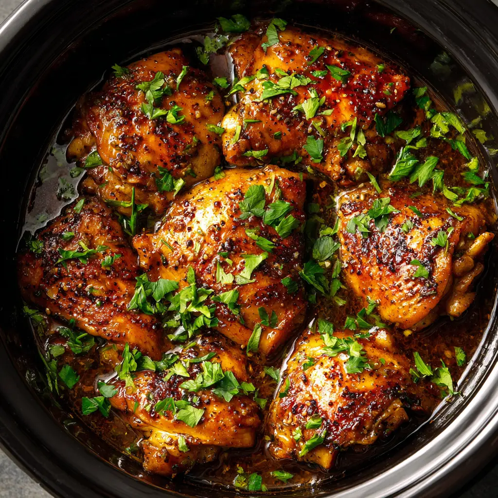 An overhead detail shot of a single boneless chicken thigh, slightly shredded to show its juicy texture, covered in a glossy brown sauce and herbs.