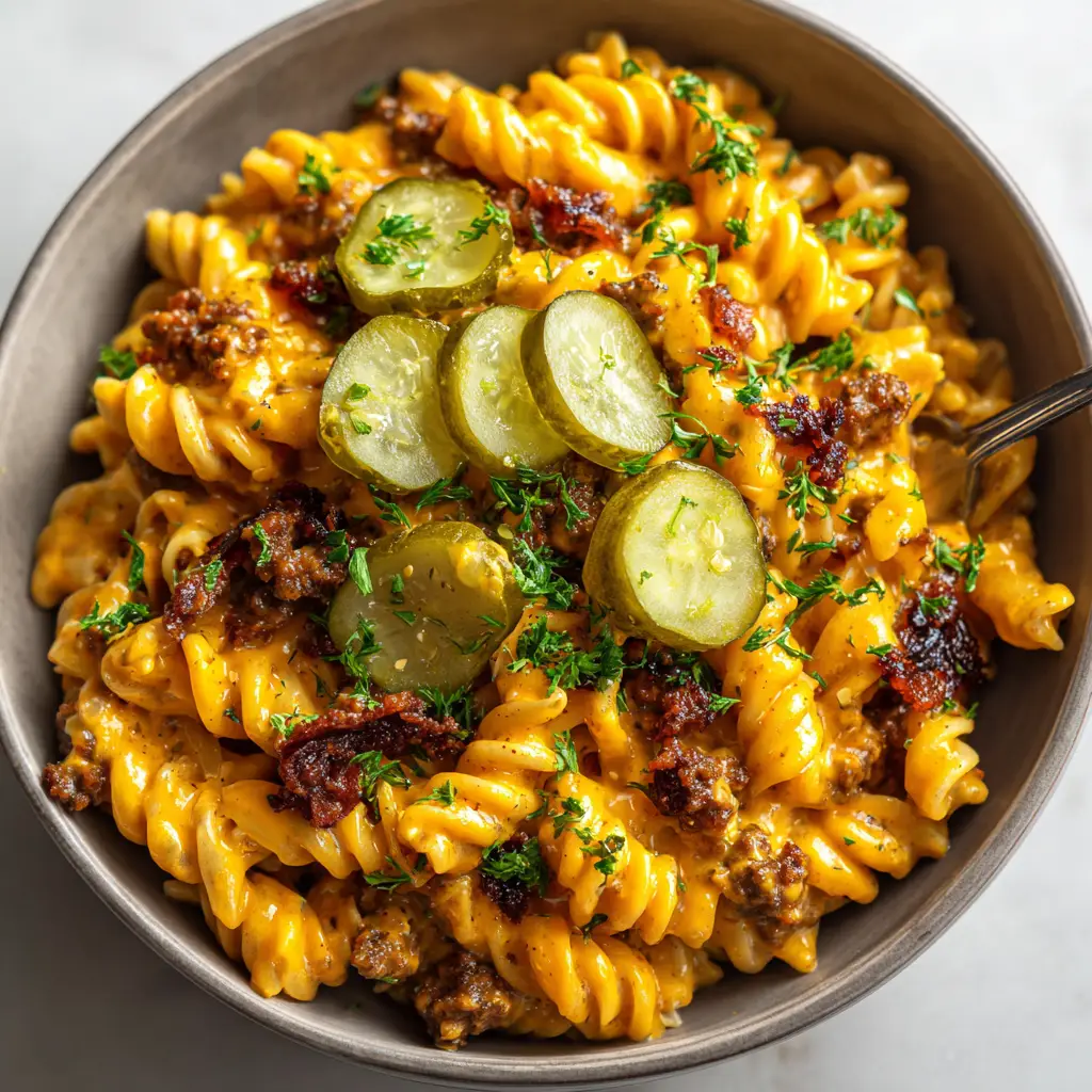 Another overhead perspective of the finished bacon cheeseburger pasta, showcasing the vibrant colors of the dill pickles and parsley against the orange cheese sauce.