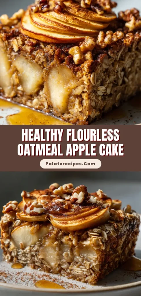 A pin-style image showing multiple views of a healthy oatmeal apple cake, with text overlay for Pinterest.