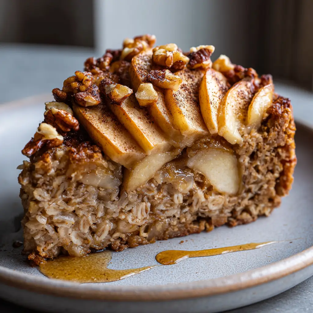 An overhead shot of the healthy oatmeal apple cake slice, highlighting the golden-brown top, layered baked apples with curled edges, toasted oats, crushed walnuts, and cinnamon dusting.