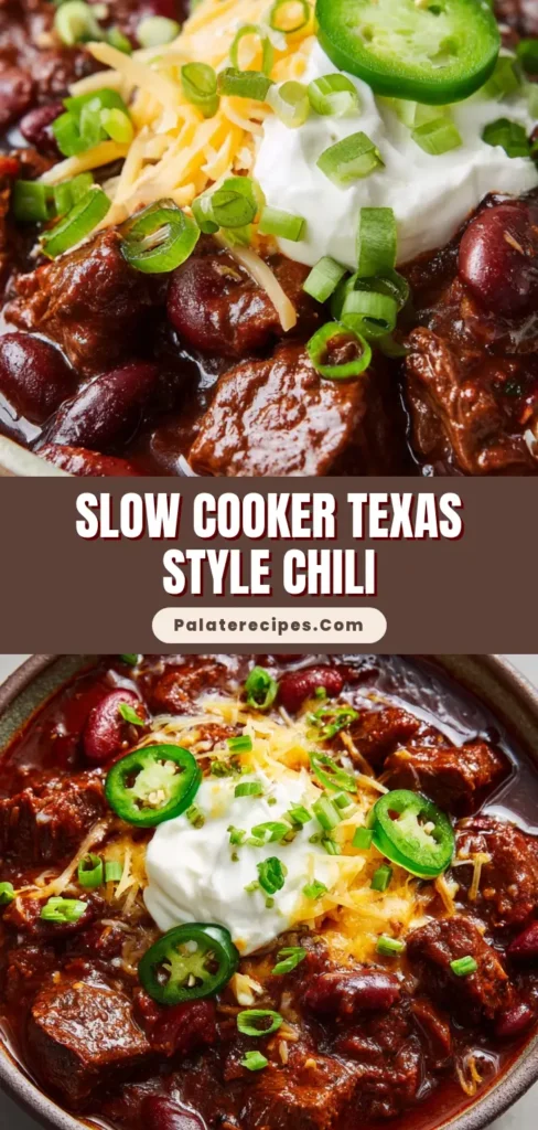 Authentic Slow Cooker Texas Style Chili (The Best Ever!) 5 A close up of a rustic bowl of Slow Cooker Texas Style Chili, topped with cheese, sour cream, and jalapenos.