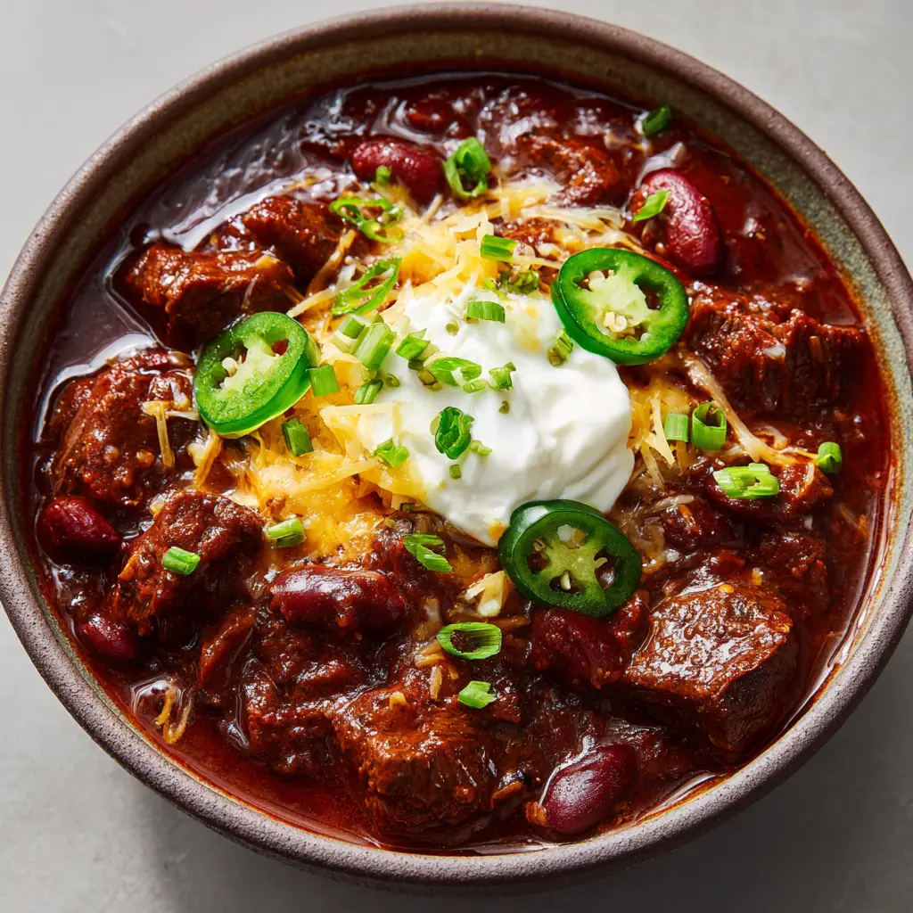 Authentic Slow Cooker Texas Style Chili (The Best Ever!) 2 A detailed overhead view of a bowl of Texas Chili, showing the texture of the beef chunks and the glossiness of the sauce.