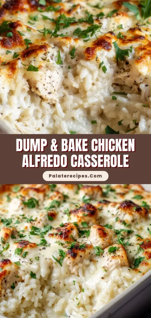 A close up of a Dump-and-Bake Chicken Alfredo Rice Casserole in a baking dish, showing the bubbly, golden-brown cheese topping, fresh parsley, and creamy interior.
