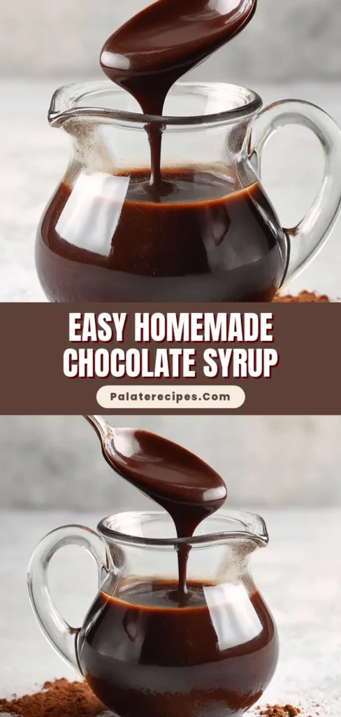 An overhead shot of a glass pitcher of thick, glossy homemade chocolate syrup with a spoon lifting a rich, dark ribbon of syrup. (Homemade Chocolate Syrup)