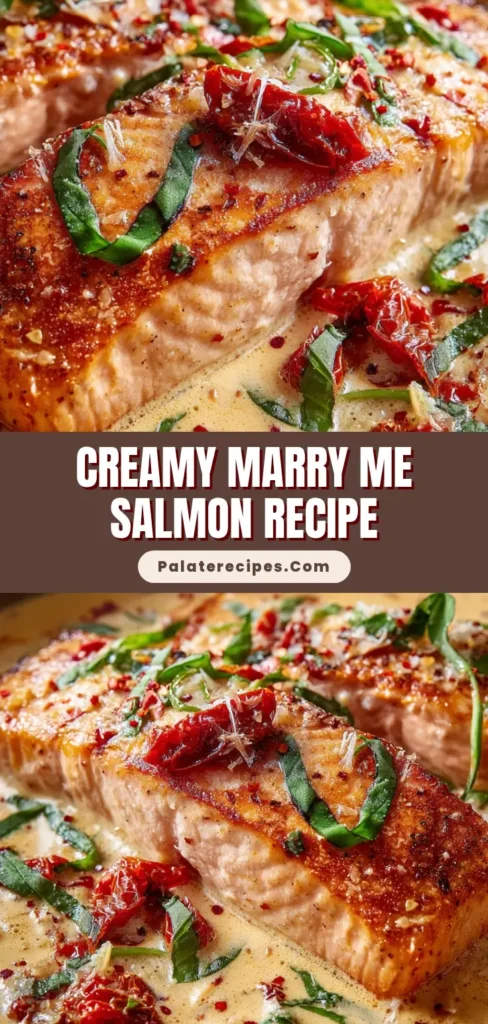 A close-up of a pan-seared Marry Me Salmon fillet in a skillet, coated in a glossy, pale orange-red cream sauce with sun-dried tomatoes and fresh basil.