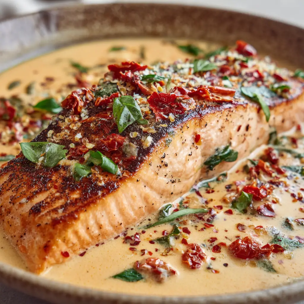 A generous pool of thick, glossy cream sauce surrounds the base of the salmon, garnished with fresh green basil ribbons and parmesan.