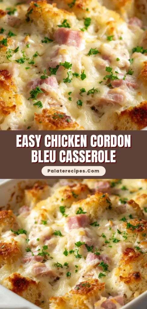 The Ultimate Chicken Cordon Bleu Casserole: A Weeknight Masterpiece 5 A close-up overhead shot of a freshly baked Chicken Cordon Bleu Casserole in a white dish, showing the bubbly Swiss cheese and golden breadcrumb topping.