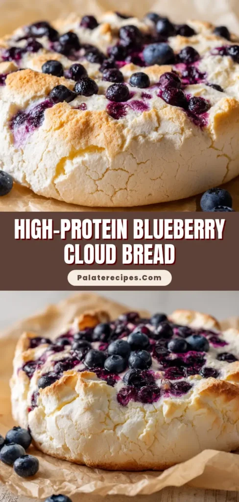 A single piece of golden-brown Cottage Cheese Cloud Bread studded with bursting blueberries, resting on parchment paper.