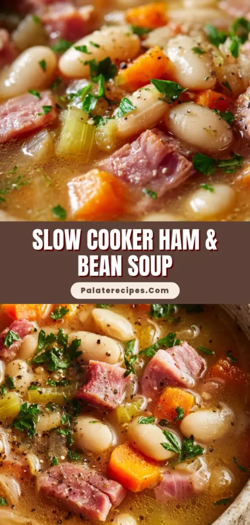 Slow Cooker Ham and Bean Soup: The Ultimate Comfort in a Bowl 5 A sharable pin image for a hearty Slow Cooker Ham and Bean Soup recipe, showing a close up of the finished soup in a bowl.