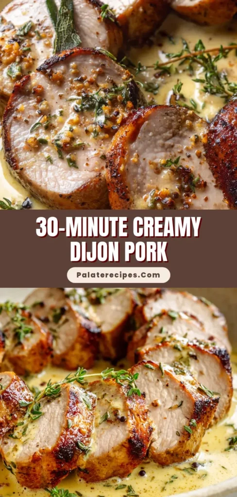 Creamy Dijon Pork Tenderloin (Ready in 30 Minutes!) 5 An overhead shot of Creamy Dijon Pork Tenderloin in a skillet, ready to be served. The seared pork medallions are coated in a rich, velvety sauce with fresh thyme.