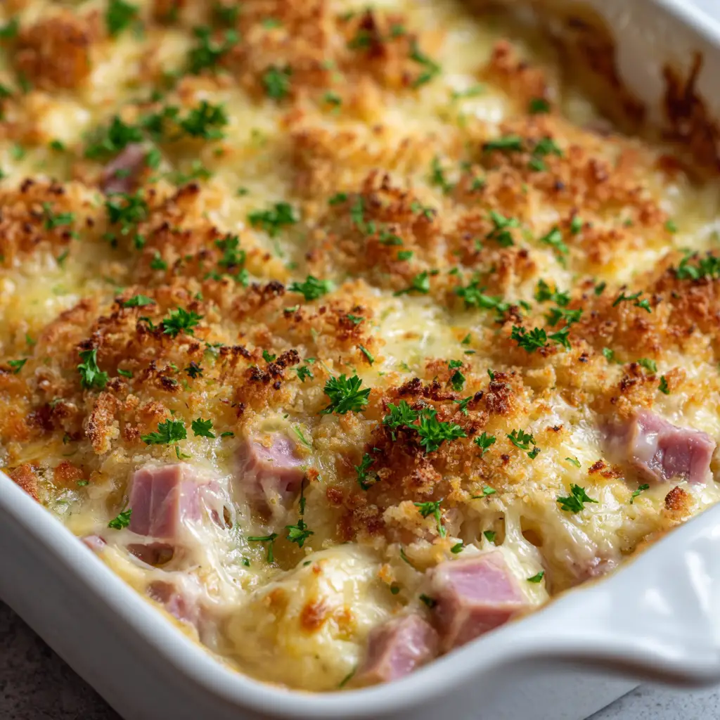 The Ultimate Chicken Cordon Bleu Casserole: A Weeknight Masterpiece 2 A scoop of Chicken Cordon Bleu Casserole being lifted from a baking dish, revealing the creamy interior with chicken and ham.