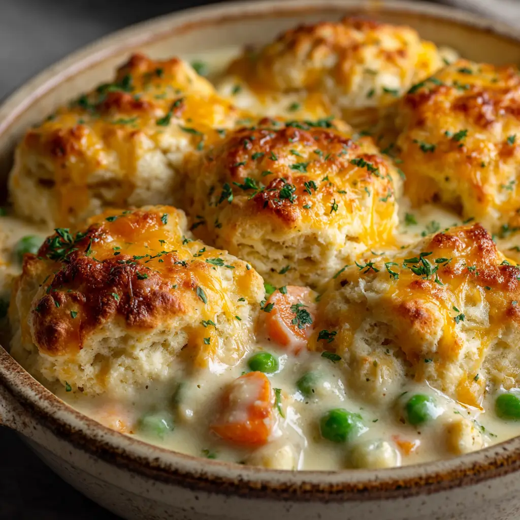 A thick, bubbling, creamy white gravy brimming with chunks of chicken breast, green peas, and carrots underneath a biscuit crust. (Red Lobster Biscuit Chicken Pot Pie)