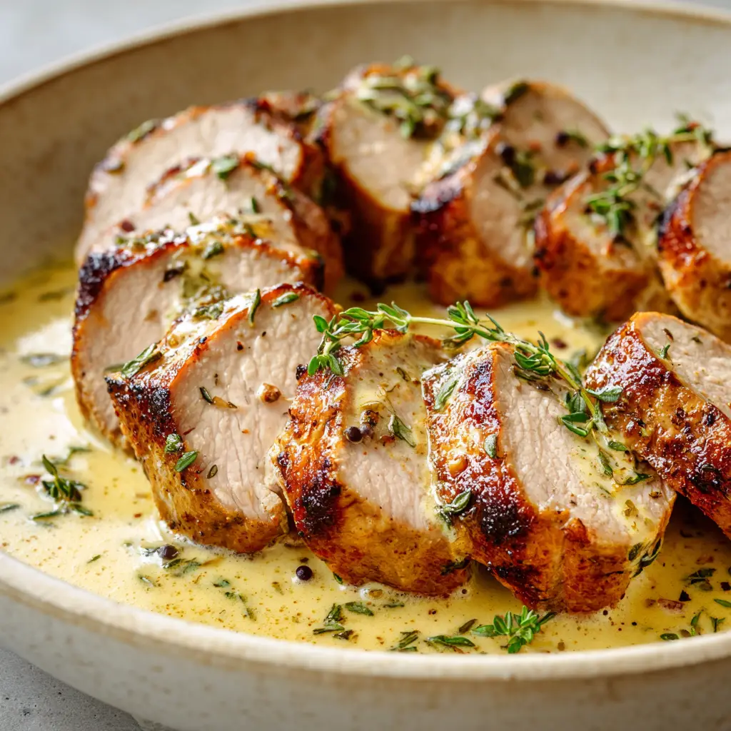 Creamy Dijon Pork Tenderloin (Ready in 30 Minutes!) 3 A close-up shot of sliced, perfectly seared pork medallions resting in a shallow ceramic dish. The Creamy Dijon Pork Tenderloin is coated in a velvety, pale-yellow sauce and garnished with fresh thyme and cracked black pepper.