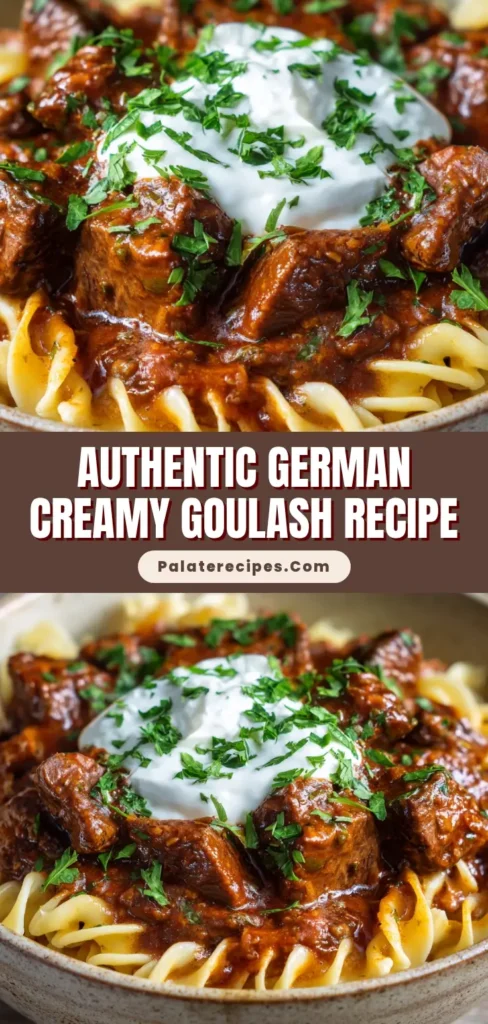 A close-up overhead shot of Authentic German Rahmgulasch in a rustic bowl. The image shows tender beef chunks in a creamy paprika sauce over egg noodles, topped with sour cream and parsley.