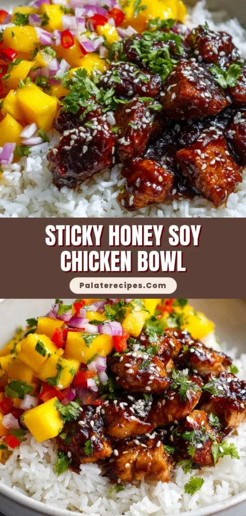 The Ultimate Honey Soy Chicken Bowl with Vibrant Mango Salsa 5 A top-down view of a Honey Soy Chicken Bowl, ready to be pinned. The bowl features glossy glazed chicken, a colorful mango salsa, and is garnished with sesame seeds, all on a bed of fluffy rice.