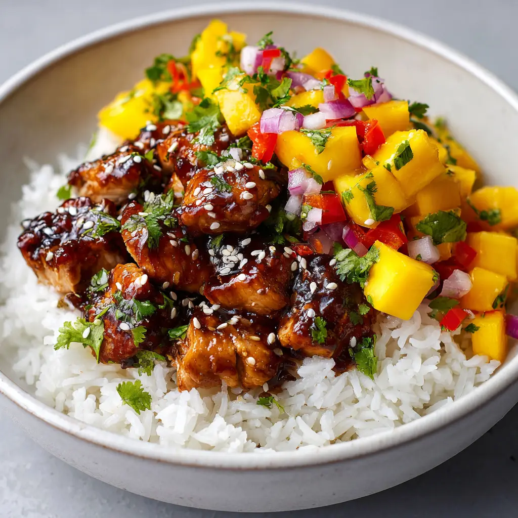 The Ultimate Honey Soy Chicken Bowl with Vibrant Mango Salsa 3 A close-up, handheld photo of a Honey Soy Chicken Bowl in a white ceramic bowl. The focus is on the tender chicken pieces coated in a thick, glossy, dark brown sticky honey-soy sauce, sprinkled with toasted sesame seeds.