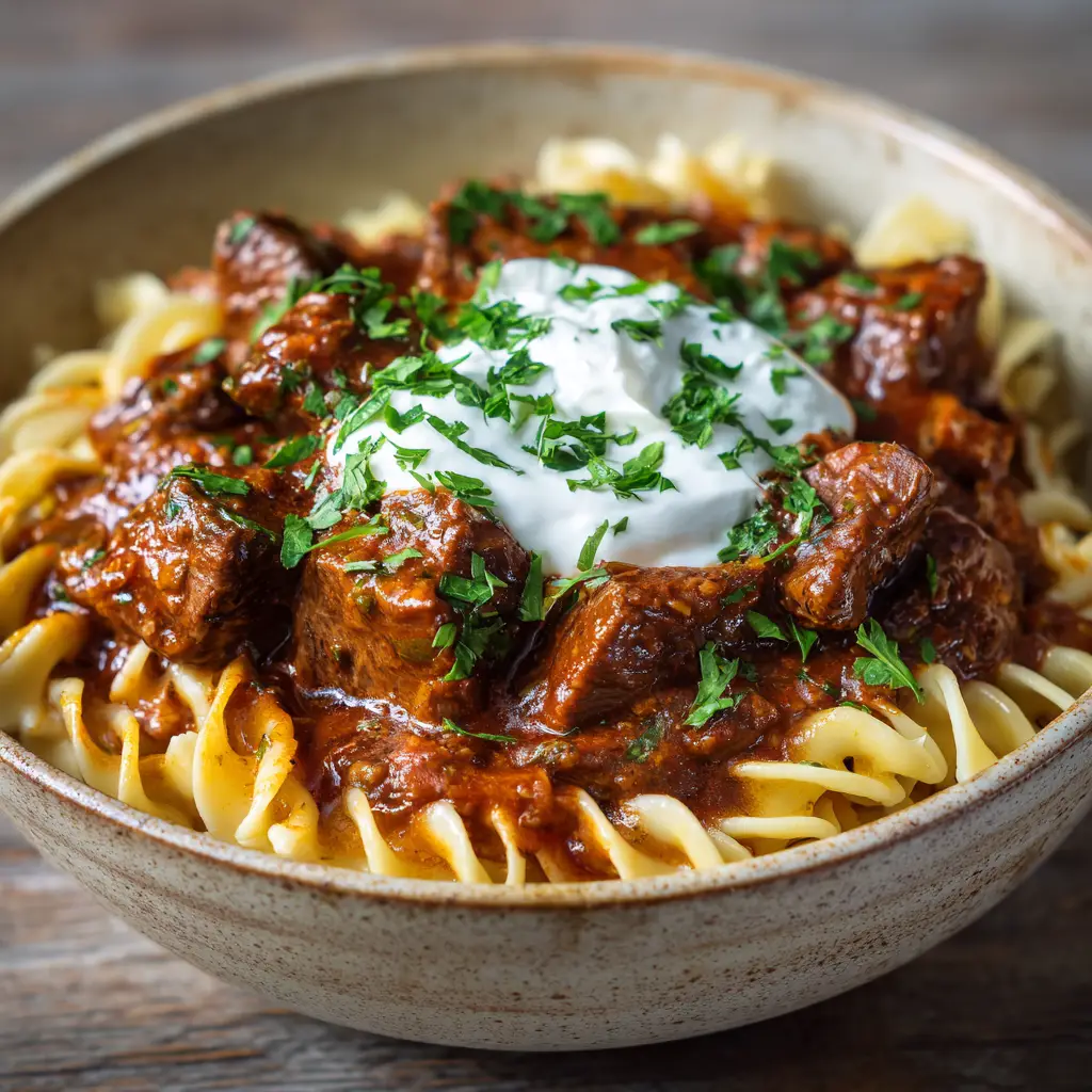 A side view of the Authentic German Rahmgulasch, highlighting the glossy texture of the creamy paprika sauce and the tender seared beef.