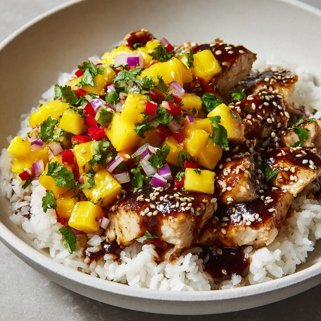 The Ultimate Honey Soy Chicken Bowl with Vibrant Mango Salsa 2 A vibrant Honey Soy Chicken Bowl featuring a fresh salsa of diced yellow mango, red onion, bell pepper, and cilantro next to the seared chicken. The bowl is shown on a neutral light grey background with soft natural light.