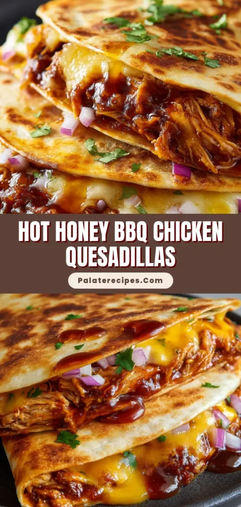 A shareable pin image showing perfectly toasted Hot Honey BBQ Chicken Quesadillas with gooey, melted cheese and a sweet and spicy drizzle.